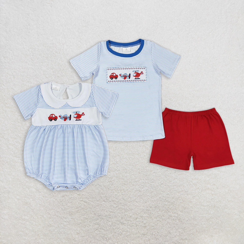 RTS NO MOQ Summer Sibling Baby Boys Blue Stripes Transpotation Sibling Brother Clothes Sets