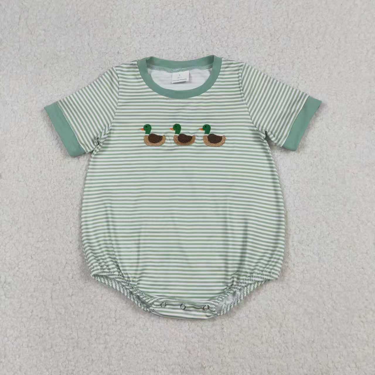 RTS Sibling Baby Boys Kids Short Sleeves Embroidery Duck Pocket Green Stripes Romper Shirt