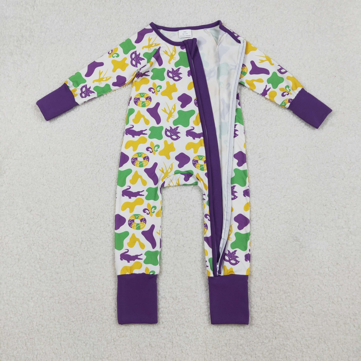 RTS Toddler Kids Long Sleeves Mardi Gras Camo Purple Zipper Pajamas Romper