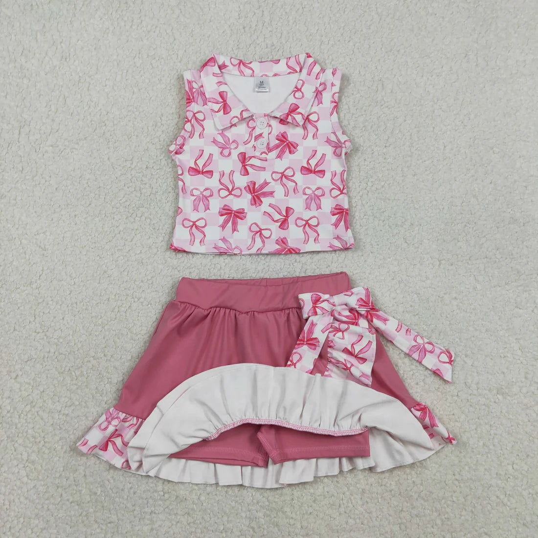 RTS Baby Girls Bows Plaid Buttons Tops Ruffle Skirt Shorts Yoga Active Clothes Set