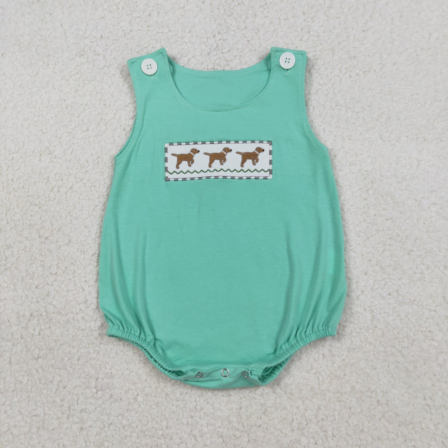 RTS Baby Boys Infant Sleeveless Embroidery Dogs Green Bubble Romper