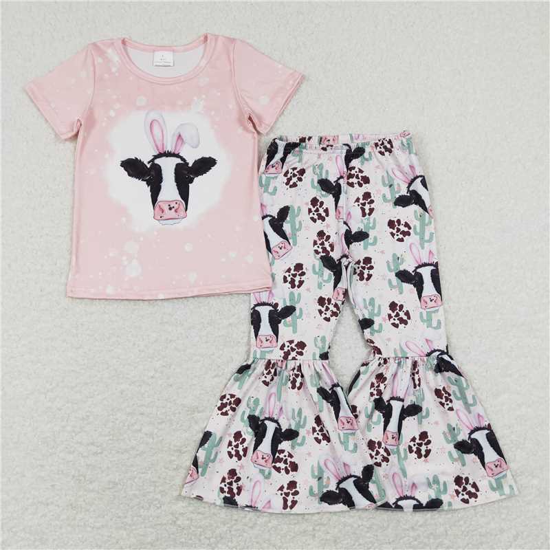 7.14 RTS NO MOQ Baby Girls Summer Kids Sets GSPO1152 Easter Western Cow Ears Cactus Tee Shirts Top Bell Bottom Pants Clothes Sets