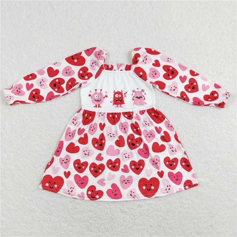 6.13 RTS NO MOQ Baby Girls Long Sleeve GLD0498 Valentines Monster Long Sleeve Red Knee Length Dresses