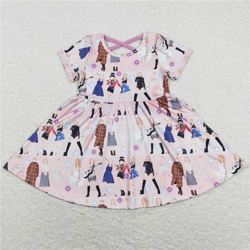 8.1 RTS NO MOQ Summer Baby Girls Dresses GSD0711 Pink Singer Short Sleeve Knee Length Dresses