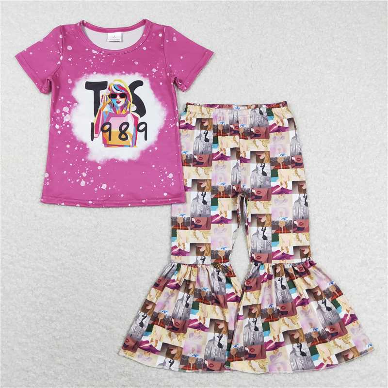 7.14 RTS NO MOQ Baby Girls Summer Kids Sets GSPO1245 Singer 1989 Purple Shirts Bell Pants Clothes Sets