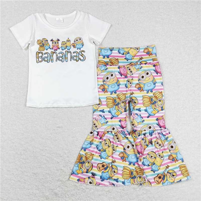 7.14 RTS NO MOQ Baby Girls Summer Kids Sets GSPO1188 Short Sleeve Bananas Animals Shirt Bell Pants Clothes Sets