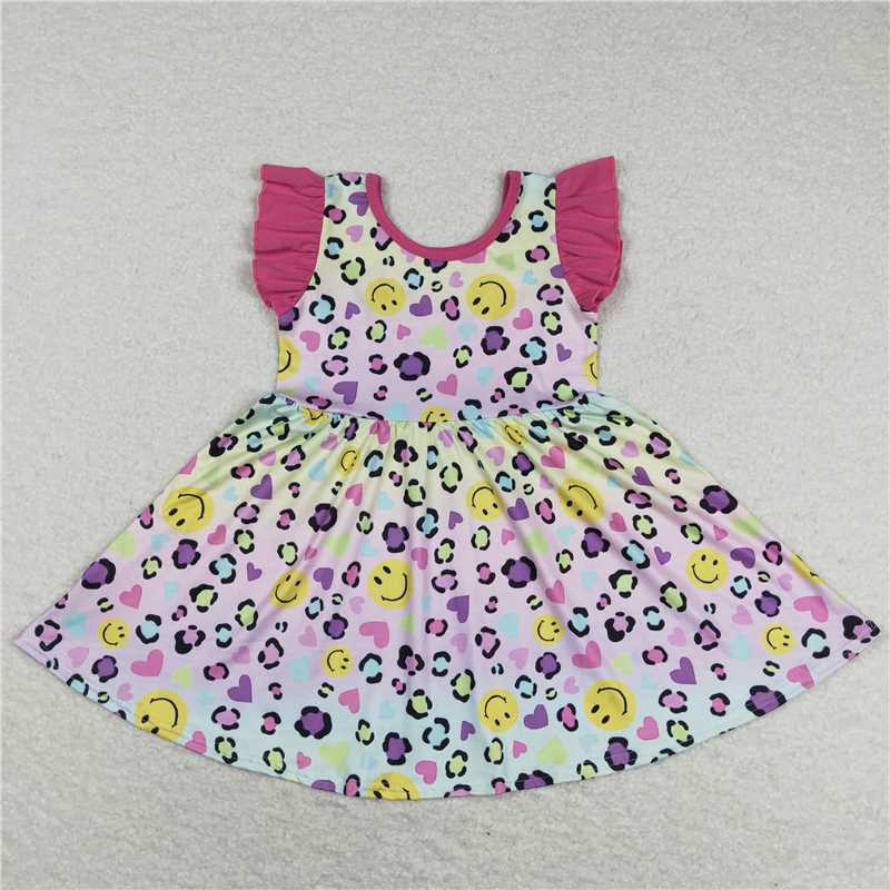 8.1 RTS NO MOQ Summer Baby Girls Dresses GSD0726 Pink Colorful Leopard Knee Length Dresses