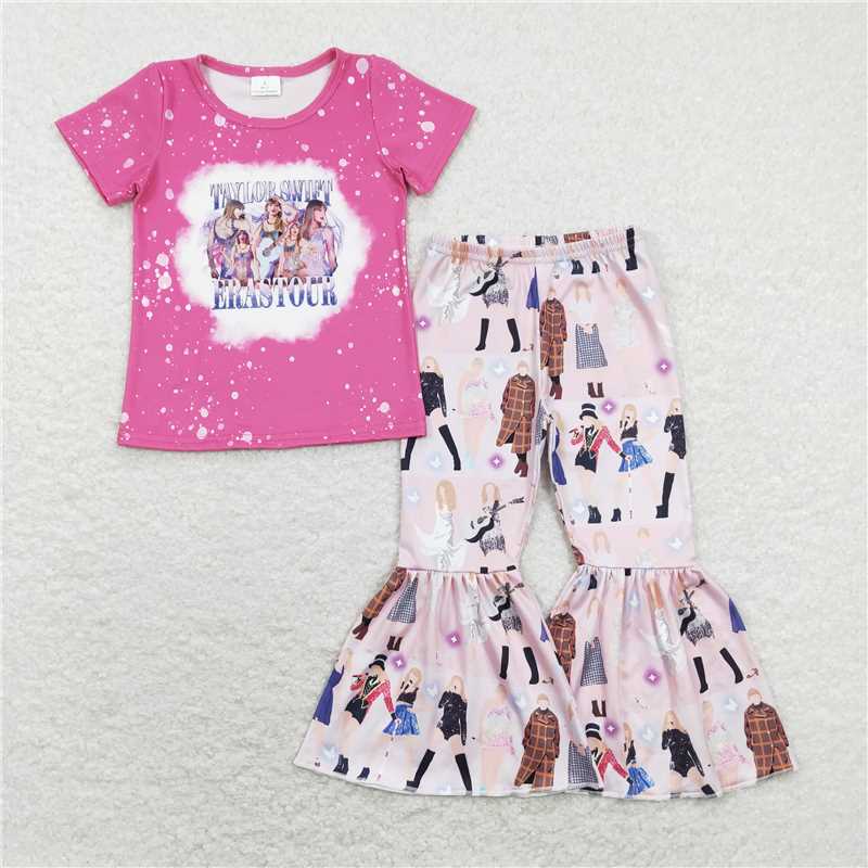 7.14 RTS NO MOQ Baby Girls Summer Kids Sets GSPO1244 Singer Era Pink Shirts Bell Pants Clothes Sets