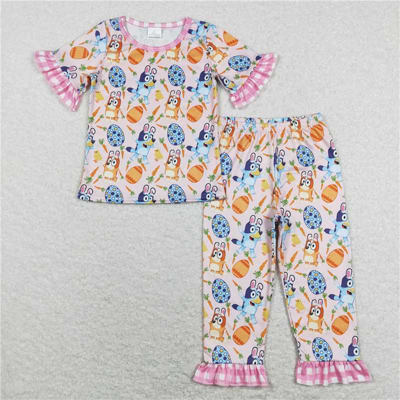 7.14 RTS NO MOQ Baby Girls Summer Kids Sets GSPO1253 Easter Dog Eggs Tops Ruffle Pants Pajamas Clothes Sets