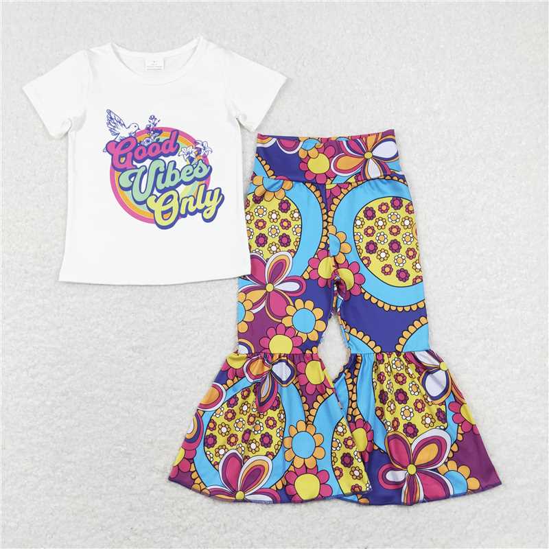 7.14 RTS NO MOQ Baby Girls Summer Kids Sets GSPO1240 Peace Pigeon Top Flowers Bell Pants Clothes Sets