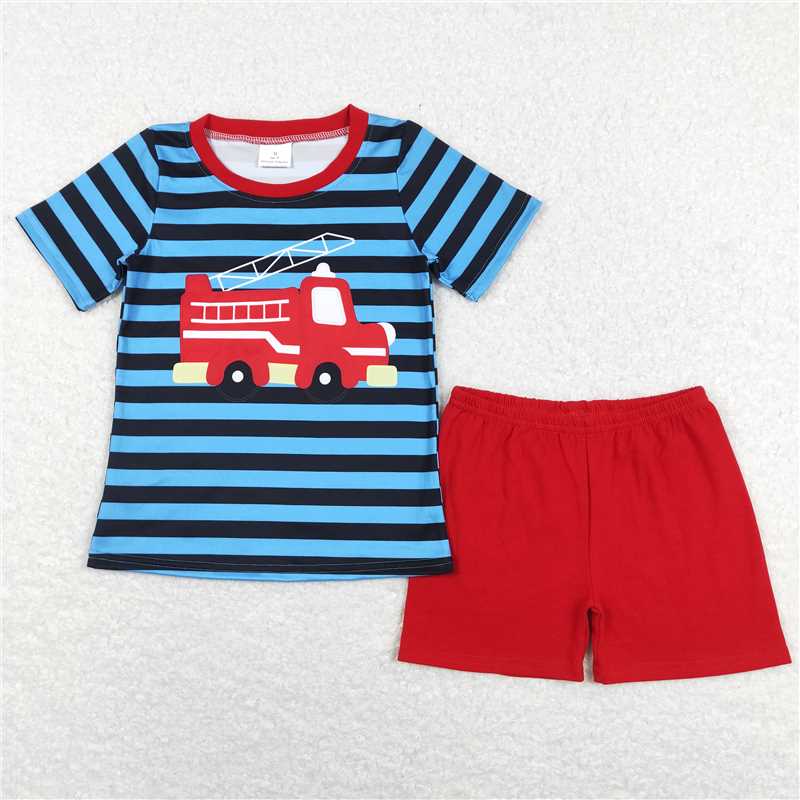 RTS NO MOQ Baby Boys kids Summer Sets BSSO0469 Short Sleeve Firetruck Shirts Shorts Clothes Sets