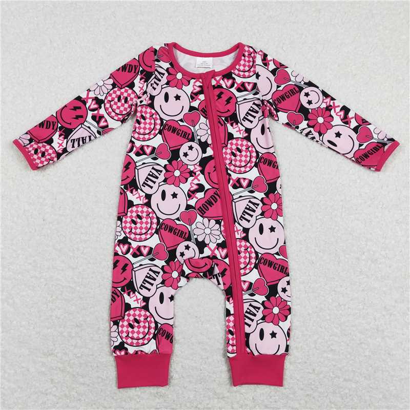 7.26 RTS NO MOQ Baby Girls Bodysuit LR0896 Pink Smile Hearts Long Sleeve Valentines Zip Rompers