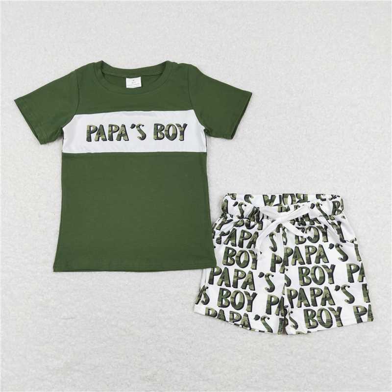 RTS NO MOQ Baby Boys kids Summer Sets BSSO0512 Papa's Boy Green Top Shorts Clothes Sets