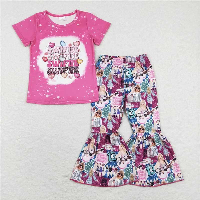 7.14 RTS NO MOQ Baby Girls Summer Kids Sets GSPO1211 Country Music Singer Hearts Shirts Bell Pants Outfits Clothes Sets