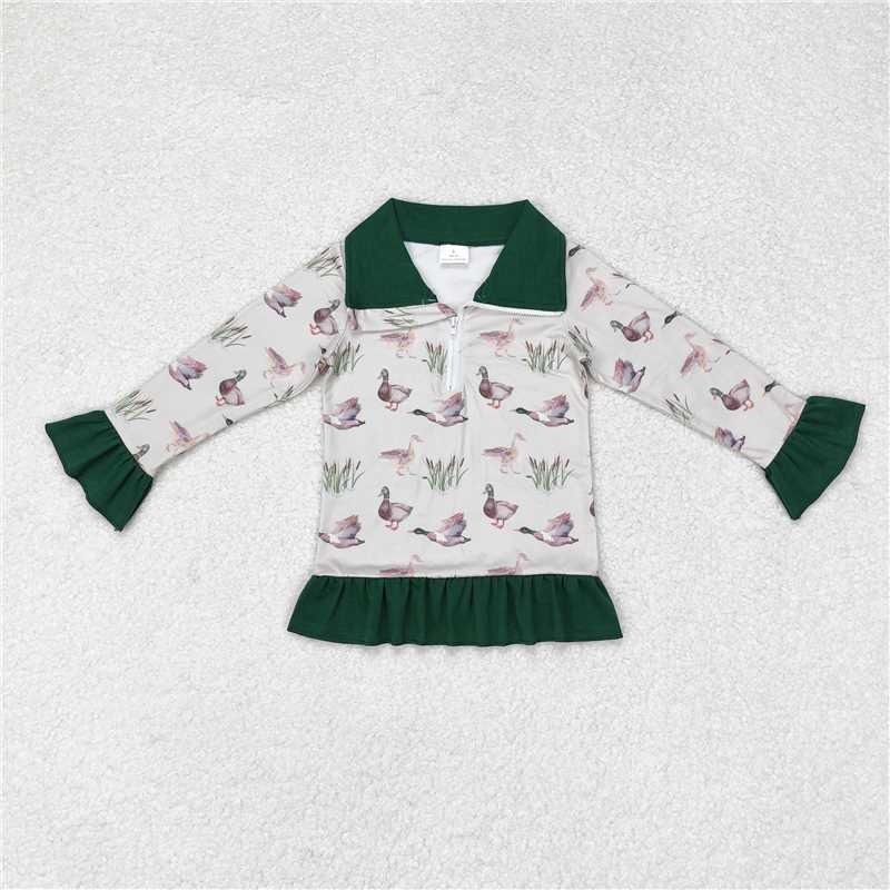 RTS NO MOQ Baby Girls Long Sleeve GT0605 Mallard Ducks Ruffles Zip Hunting Pullovers Tops