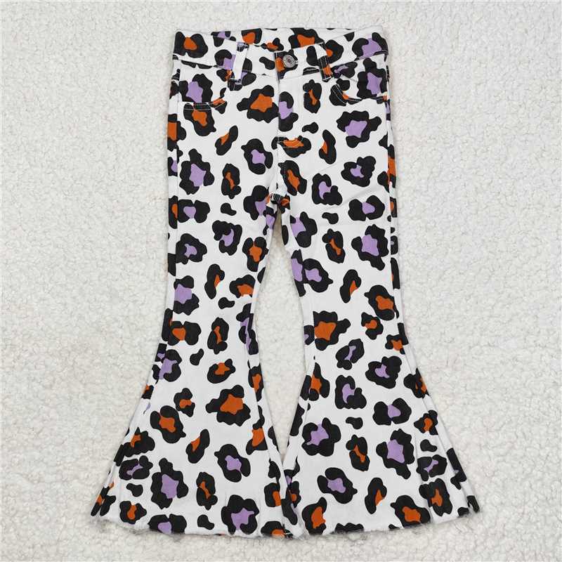 RTS NO MOQ Baby Girls Pants P0470 Halloween Orange Purple Leopard Bell Flare Denim Jeans