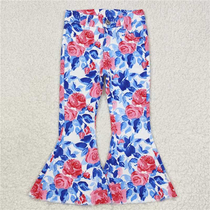 RTS NO MOQ Baby Girls Pants P0466 Blue Leaves Pink Flowers Bell Flare Jeans