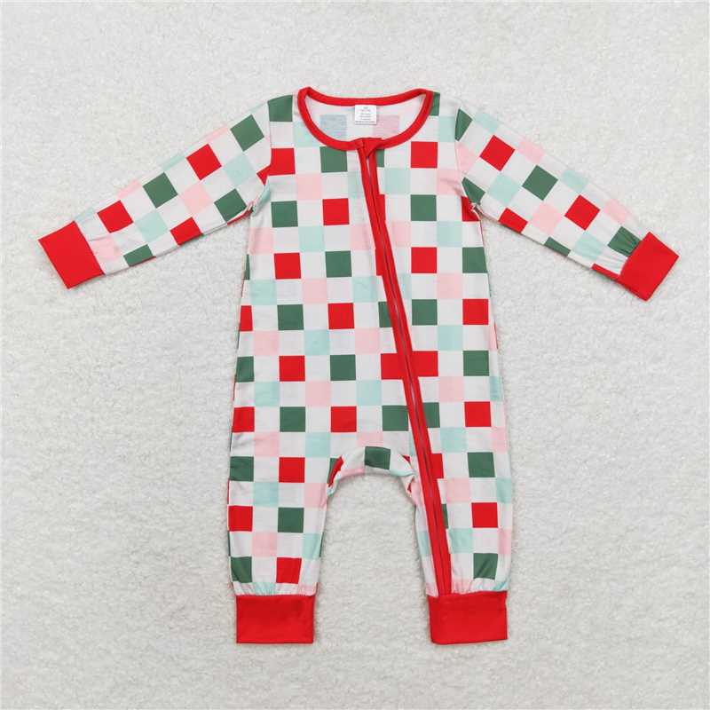 7.7 RTS NO MOQ Baby Boys Bodysuit LR1197 Christmas Redheckered Zip Bamboo Rompers