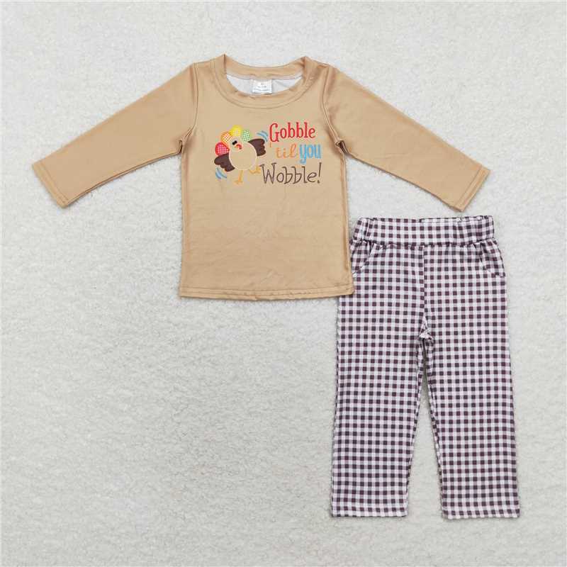 5.28 RTS NO MOQ Baby Boys Sets BLP0503 Thanksgiving Gobble Tee Checkered Pants Clothes Sets