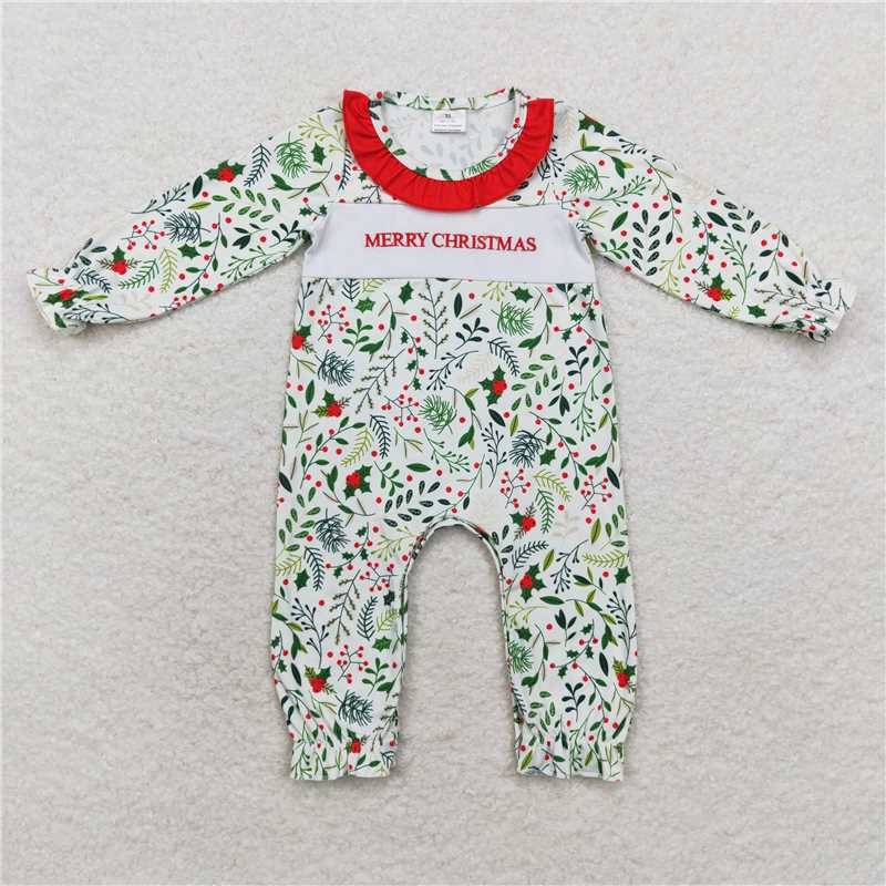 7.12 RTS NO MOQ Baby Girls Bodysuit LR1176 Merry Chrsitmas Leaves Long Sleeve Rompers