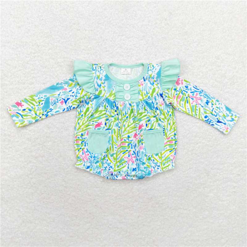 6.19 RTS NO MOQ Baby Girls Bodysuit LR1353 Green Leaves Pockets Ruffles Rompers