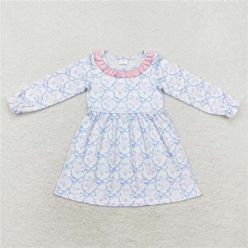 RTS NO MOQ Baby Girls Long Sleeve GLD0693 Blue Bows Flowers Fall Knee Length Dresses