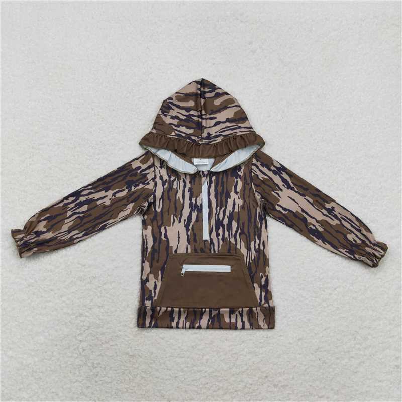 RTS NO MOQ Baby Girls Long Sleeve GT0628 Green Camo Ruffle Hooded Zip Fall Pullovers Tops