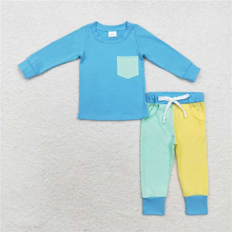 5.28 RTS NO MOQ Baby Boys Sets BLP0596 Long Sleeve Tee Top Pocket Pants Clothes Sets