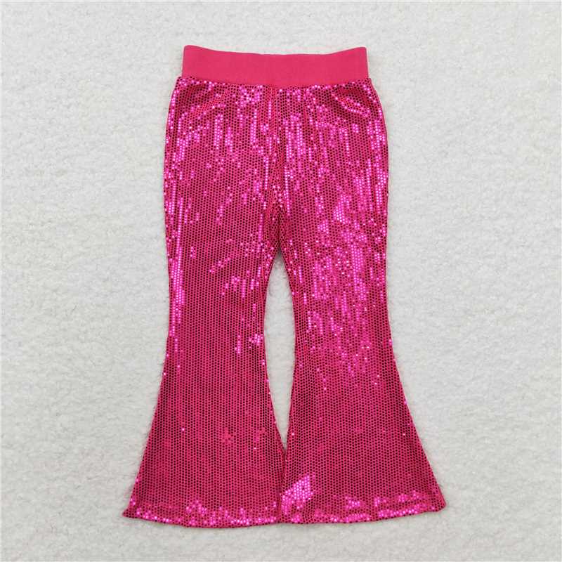RTS NO MOQ Baby Girls Long Pants P0499 Sequin Hot Pink Bell Bottom Pants