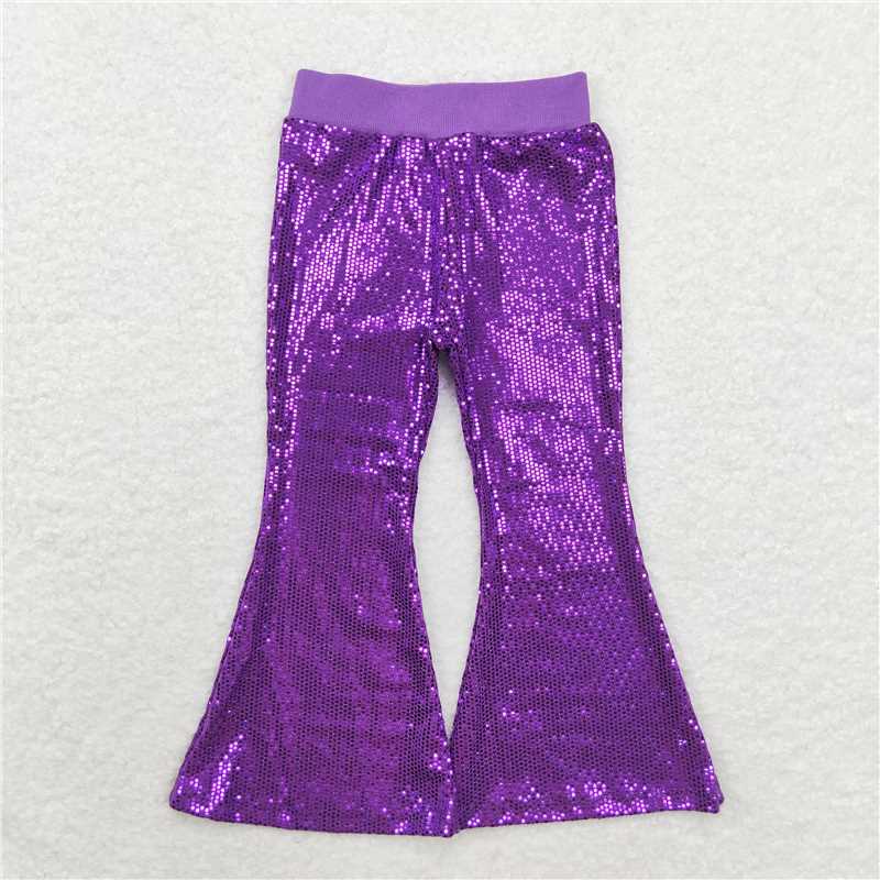 RTS NO MOQ Baby Girls Long Pants P0500 Sequin Purple Bell Bottom Pants