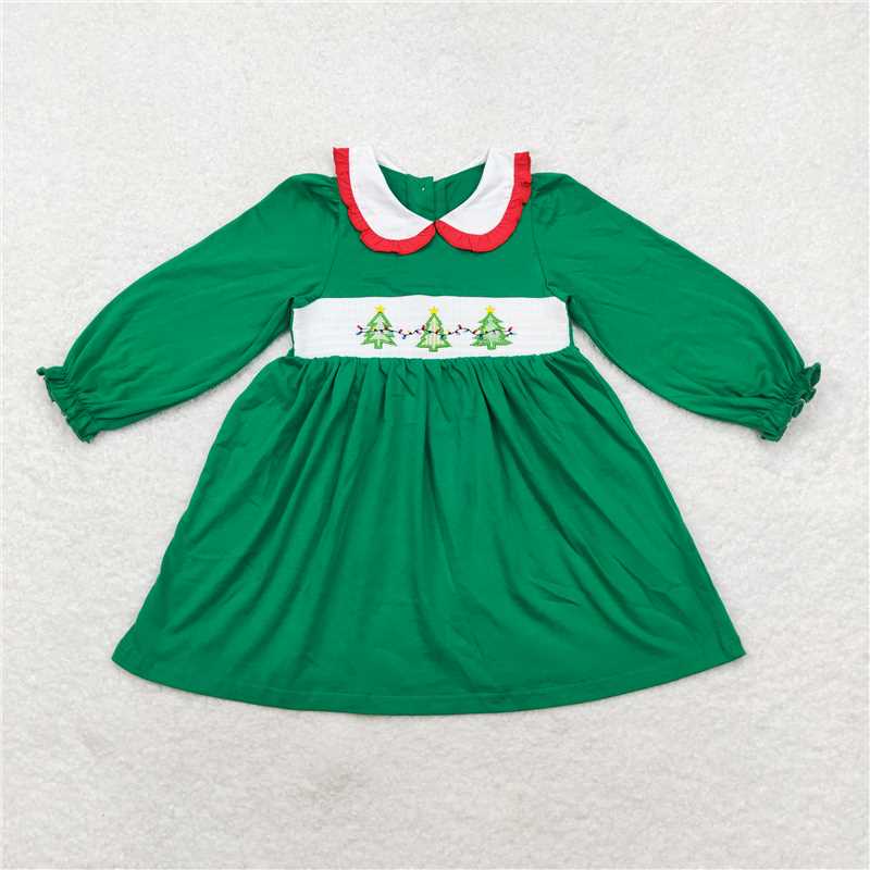 5.15 RTS NO MOQ Baby Girls Long Sleeve GLD0559 Christmas Tree Green Knee Length Smocked Dresses