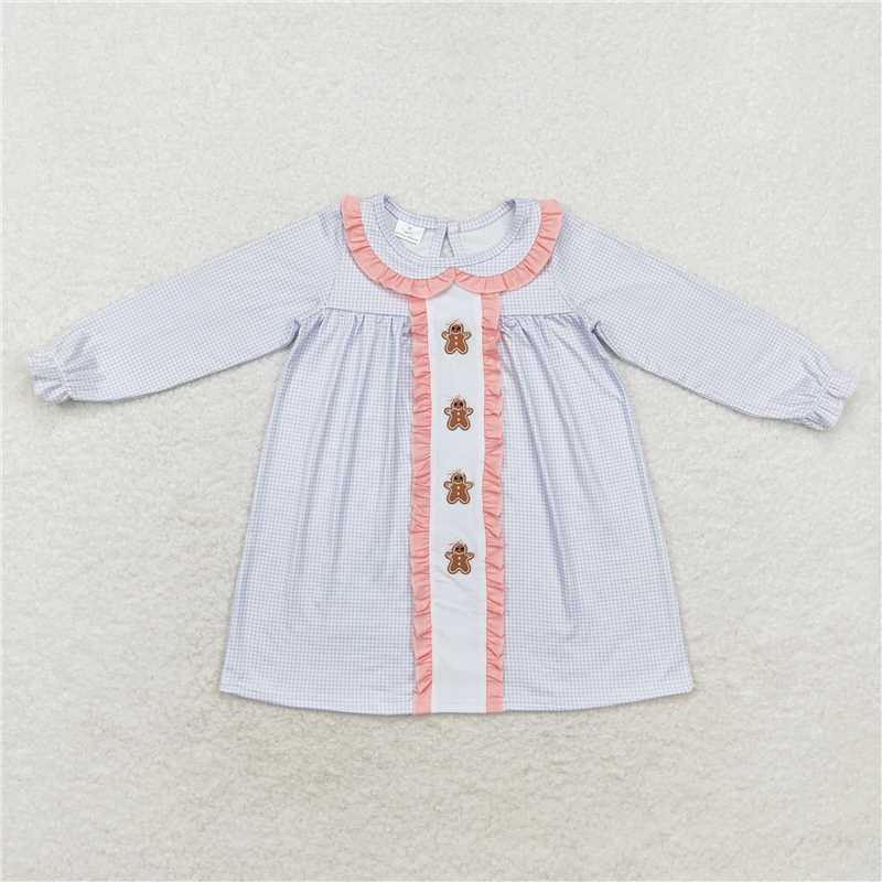 5.15 RTS NO MOQ Baby Girls Long Sleeve GLD0571 Christmas Blue Checkered Gingerbread Long Sleeve Knee Length Dresses