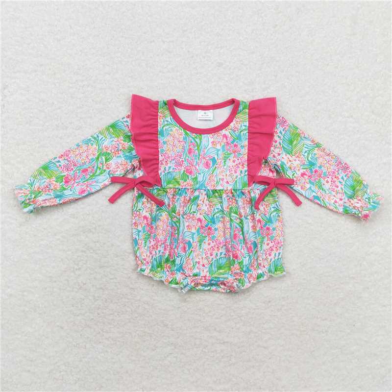 6.19 RTS NO MOQ Baby Girls Bodysuit LR1295 Hotpink Seaweed Bows Long Sleeve Rompers