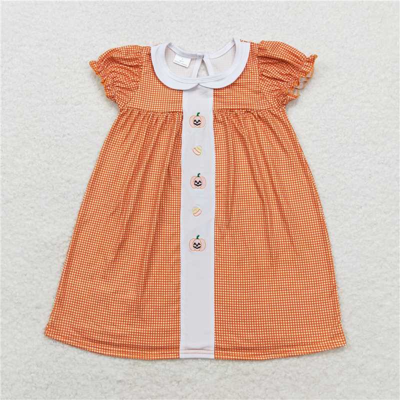 7.9 RTS NO MOQ Summer Baby Girls Dresses GSD1337 Pumpkin Candy Orange Checkered Knee Length Dresses