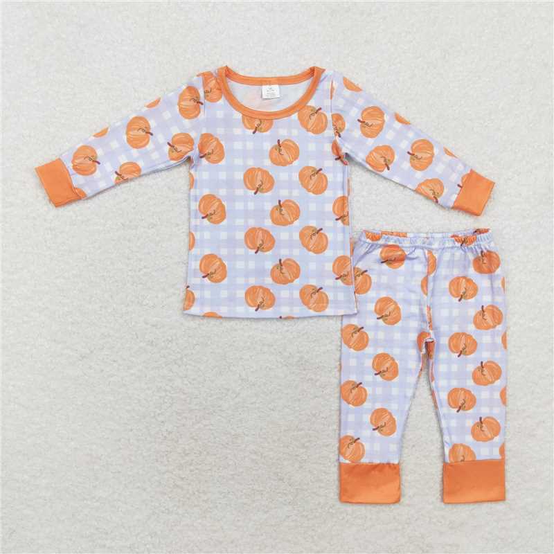 6.26 RTS NO MOQ Baby Boys Sets BLP0584 Orange Pumpkin Top Pants Bamboo Pajamas Clothes Sets