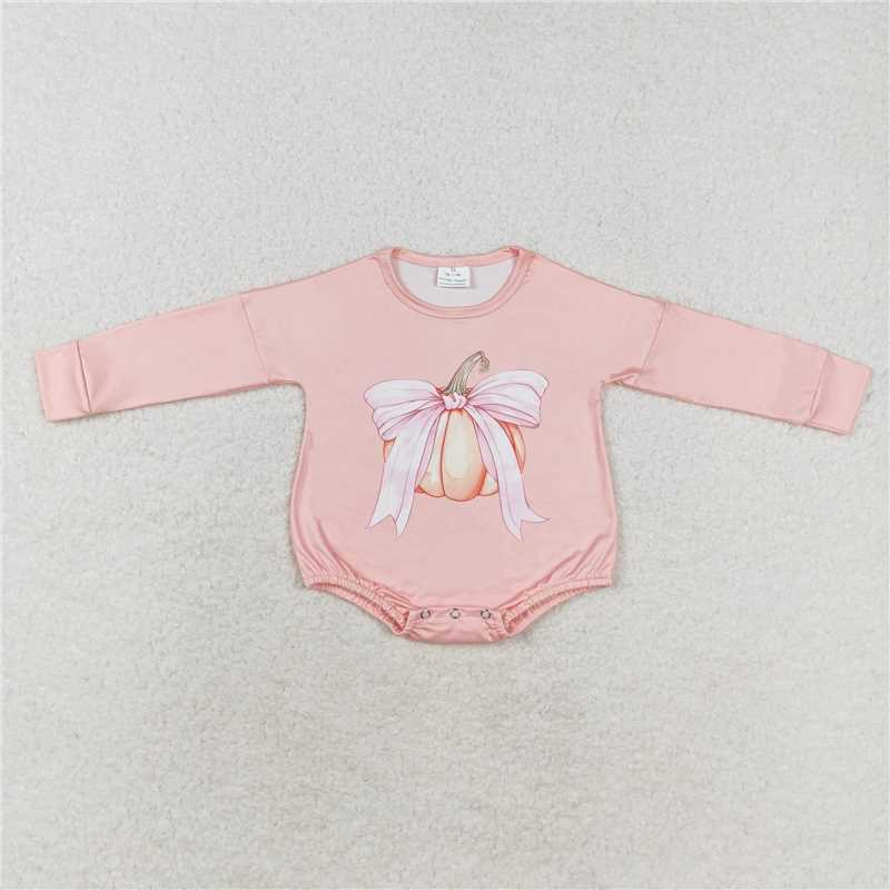 6.19 RTS NO MOQ Baby Girls Bodysuit LR1444 Long Sleeve Fall Pumpkin Bow Rompers