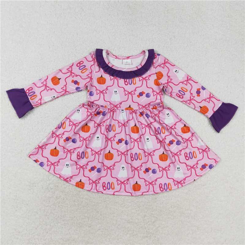 RTS NO MOQ Baby Girls Long Sleeve GLD0691 Halloween Pink Bows Pumpkin Ghost Knee Length Dresses