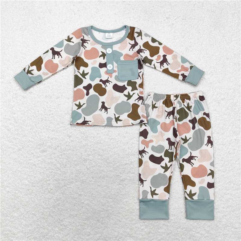 6.26 RTS NO MOQ Baby Boys Sets BLP0669 Camo Dog Ducks Tee Bamboo Pajamas Clothes Sets