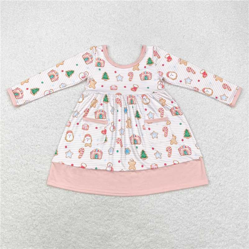 RTS NO MOQ Baby Girls Long Sleeve GLD0629 Christmas Pink Santa Pockets Knee Length Dresses