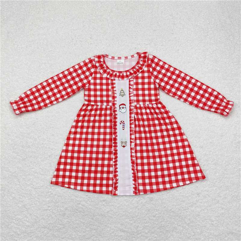 5.15 RTS NO MOQ Baby Girls Long Sleeve GLD0634 Christmas Tree Checkered Santa Knee Length Dresses