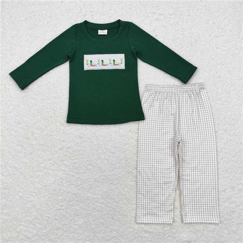 6.26 RTS NO MOQ Baby Boys Sets BLP0717 Green Checkered Ducks Tee Shirt Pants Clothes Sets