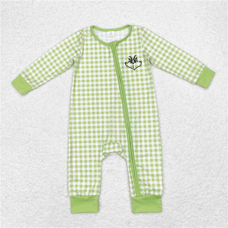 6.4 RTS NO MOQ Baby Boys Bodysuit LR1251 Christmas Green Face Zip Bamboo Rompers