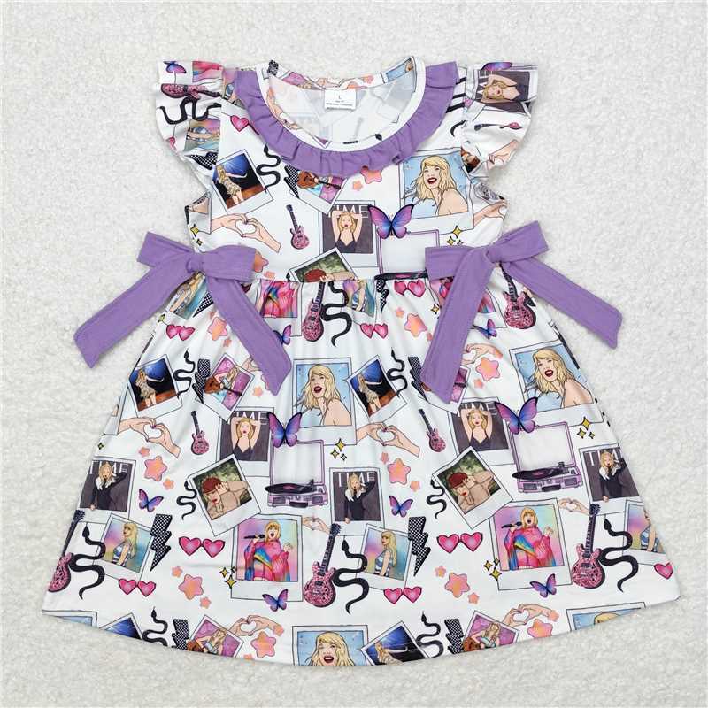 6.21 RTS NO MOQ Summer Baby Girls Dresses GSD1030 Purple Singer Hearts Flutter Sleeve Bows Dresses