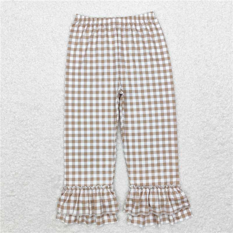RTS NO MOQ Baby Girls Long Pants P0607 Khaki Checkered Ruffle Pants
