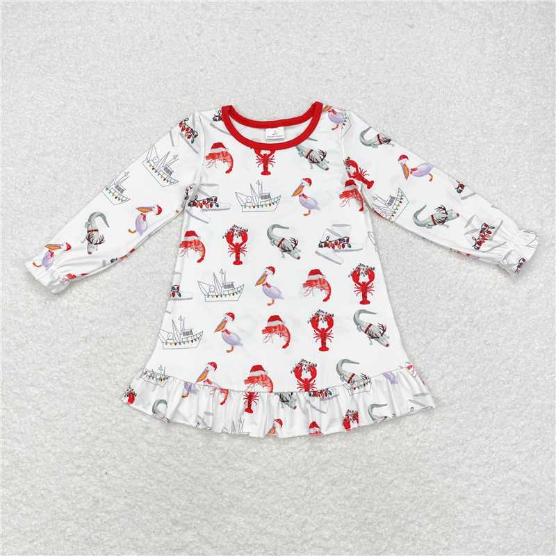 RTS NO MOQ Baby Girls Long Sleeve GLD0687 Christmas Crawfish Crocodile Knee Length Gowns Dresses