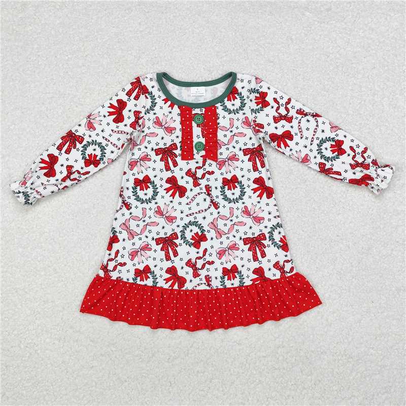RTS NO MOQ Baby Girls Long Sleeve GLD0855 Christmas Red Bows Ruffle Knee Length Gowns Dresses