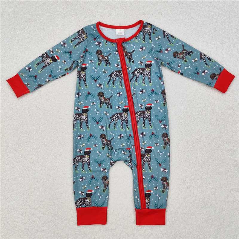 5.15 RTS NO MOQ Baby Boys Bodysuit LR1768 Christmas Dogs Bamboo Zip Long Sleeve Rompers