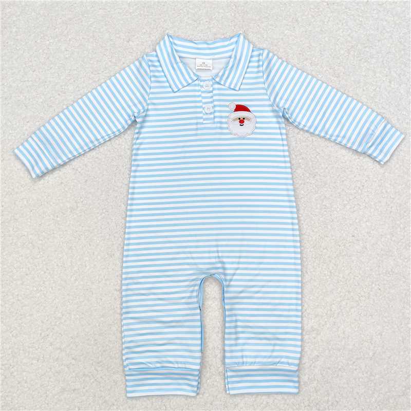 5.13 RTS NO MOQ Baby Boys Bodysuit LR1475 Light Blue Stripes Santa Buttons Rompers