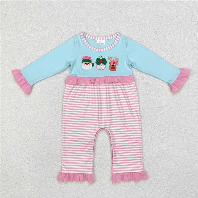 5.14 RTS NO MOQ Baby Girls Bodysuit LR1476 Christmas Long Sleeve Pink Stripes Santa Deer Rompers