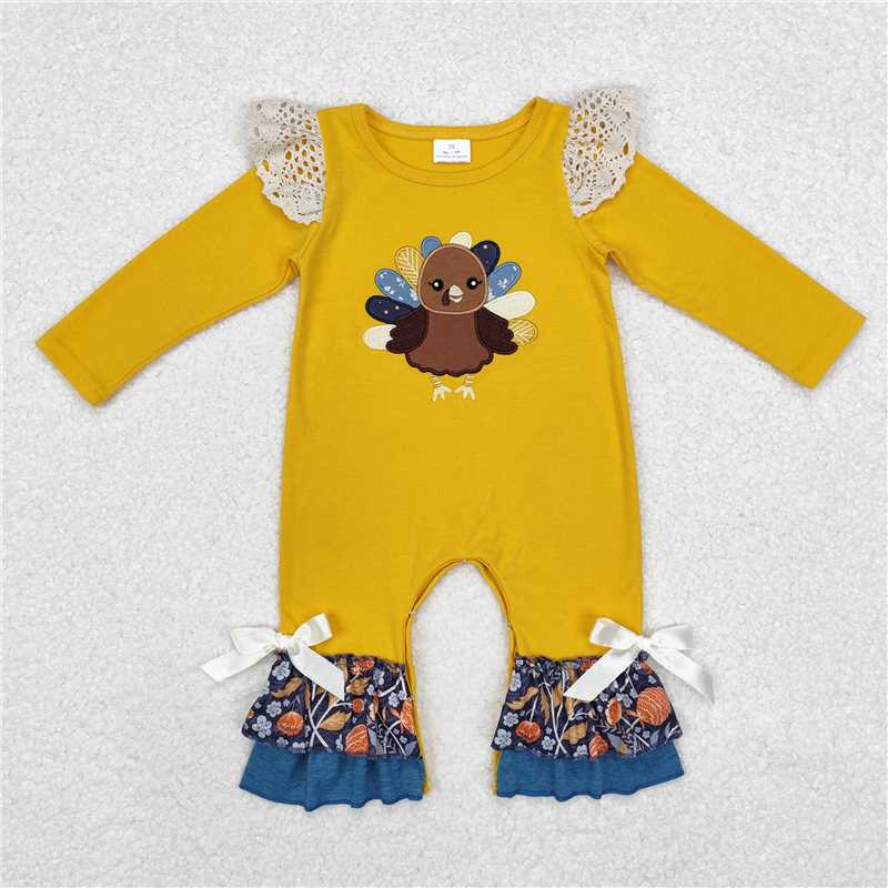 5.14 RTS NO MOQ Baby Girls Bodysuit LR1423 Thanksgiving Turkey Floral Long Sleeve Rompers